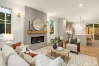 Spacious living room with cozy fireplace