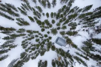 Aerial birds-eye view 5 Chase Road Home, driveway and outbuildings on beautiful Pine treed 1 Acre.