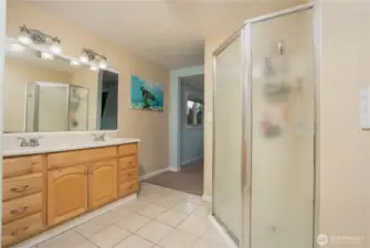 Primary bathroom with access to large primary closet