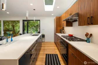 Of course, the kitchen is equipped with high end appliances, a hidden coffee station with charging ports, skylight and french doors to outdoor deck.