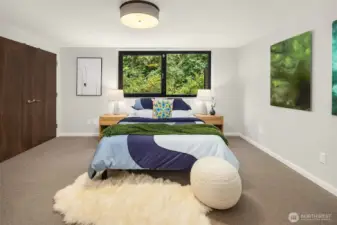 One of two bedrooms downstairs.  Custom California closets behind the closet doors