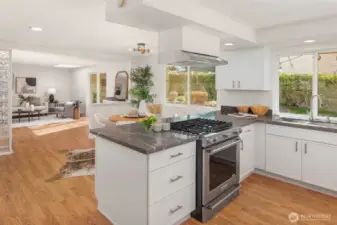 Enter into the kitchen and adjacent dining and second living spaces.