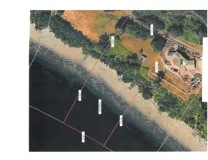Approximatly 172 feet of waterfront.  You can see here the proeprty line goes below the tidelands.  .8 ac uplands. Approximatly  .8 ac beach and tidelands Total lot of 1.6 ac