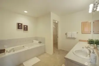 A double vanity and deep, jetted soaking tub compliment the Ensuite bathroom.