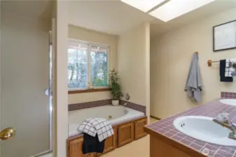Primary bath with soaking tub, separate shower, private toilet nook & tons of natural lights from large window & skylights!