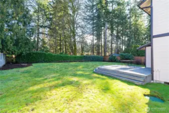 View of back yard/deck from side of home. Trees line the greenspace in between homes on the next street.