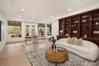 A showstopping library creates the perfect setting for a refined home office, second living space, or quiet escape.