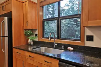 The window looks into lush green trees.