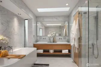 Wrapped in floor-to-ceiling marble, the bath pairs a floating custom walnut vanity with Duravit fixtures, radiant heated floors, and skylights that—together with artfully recessed illumination—create a warm, suffusive glow at every hour.