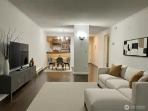 Virtually staged open living dining area