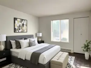 Virtually staged primary bedroom