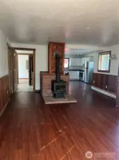 family room with wood stove