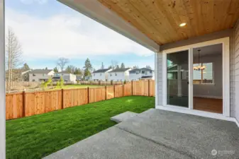 Covered patio w Pine soffit included fencing looking into community park