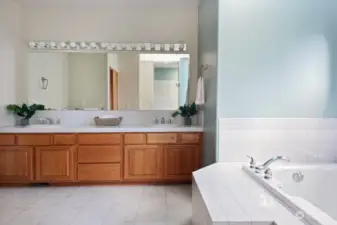 Double sinks. Your back is to the walk in shower, toilet is to your left (not in photo). Entrance to bathroom is across from the tub. Let's go downstairs next....