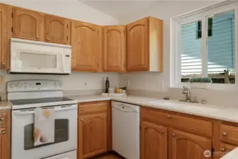 Like-new cabinets with storage galore, Corian countertops in perfect condition w/neutral tones.