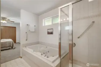 Peek out from the primary bath to the bedroom.