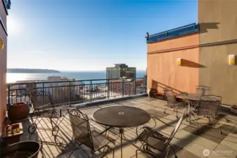 The rooftop deck offers year-round panoramic views of Elliott Bay and the Olympic Mountains.