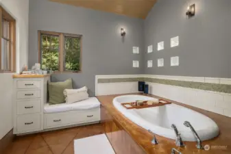 Soaking tub with fireplace