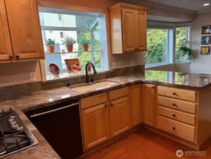 Box window over sink, gas range, quartz counters counters