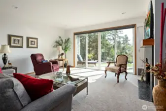 Living room with floor to ceiling slider brings in plenty of natural light.