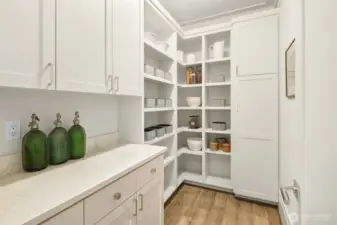 An additional walk-in pantry offers custom cabinetry and shelving.