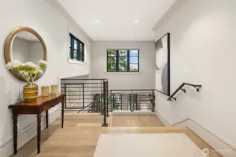 Ascend to the second floor landing.