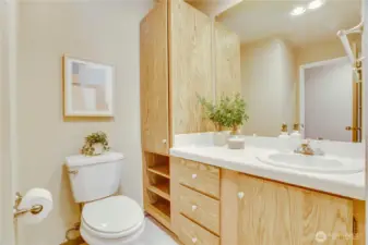 Hall bathroom has a tub and shower that open to the second bedroom.