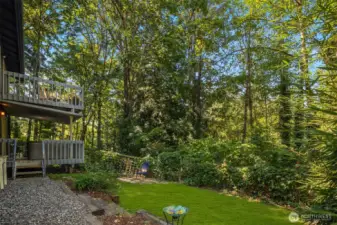 Fully fenced backyard with low maintenance landscaping.