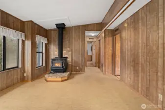 Main Living area  off the kitchen with wood -burning stove