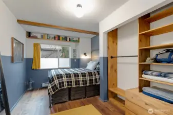 Open closets, shelving and drawers.