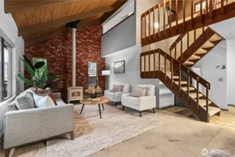 Chic exposed brick and wood beam ceiling