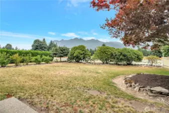 Front yard view! peak-a-boo mountains and farm fields with sheep in the front.