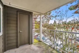 Private Balcony is cozy and quiet.  Generous storage closet to keep your belongings near you at all times.