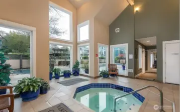 Indoor hot tub adjacent to the pool and owners lounge.