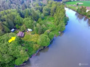 Aerial view of home and river
