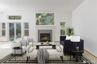 Virtually Staged: concept arrangement of social setting in living room wrapped around the woodburning fireplace.