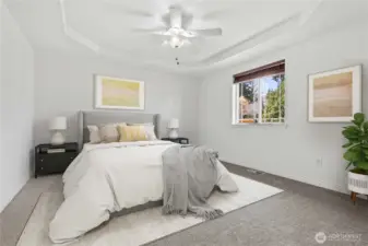 Virtually staged primary bedroom