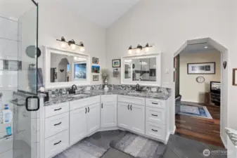 Primary bath showing the dual vanity. Price Pfister swivel faucet heads.