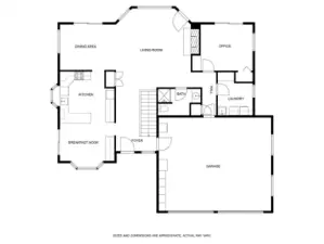 Main level floor plan. Garage has a utility sink and ample storage closets that stay.