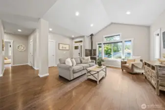 The perfect living room for hanging out and enjoying the wood stove