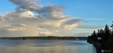 From the ferry dock --Rainbows and clouds block the view of Mount Rainier, but it is always good!