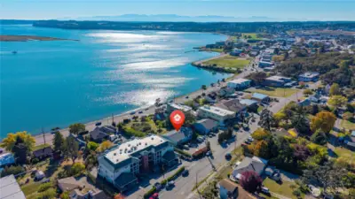 Aerial view from the Northeast looking toward downtown Oak Harbor and the Olympics.