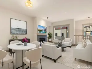 Virtually staged Dining and Living room with gas fireplace