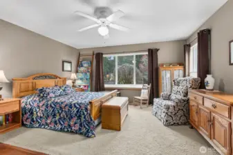 Primary Bedroom with view of the beautiful back yard. This room has carpeting & warm walnut flooring. A spacious walk-in closet & ensuite bathroom.