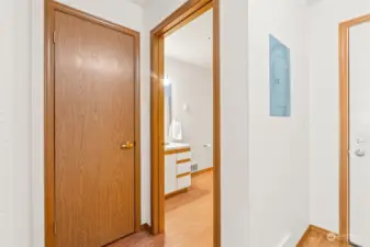 Under stair storage closet on left.