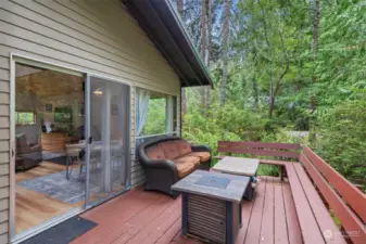 Deck with propane heater for cool days.