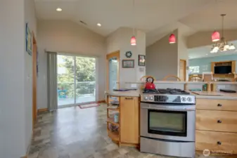 Exiting the kitchen space, there is a half bath on the left, the breakfast nook leading to a deck overlooking the back yard, and the pantry.