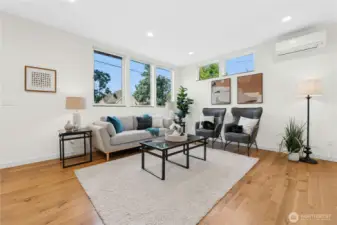 Living room can accommodate a small or large group. Premium window shades move up and down from top or bottom, creating the perfect amount of privacy while letting maximum light in.