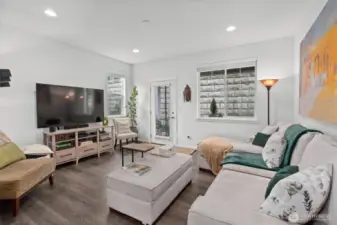 Living room with covered back patio