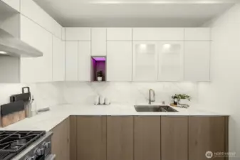 Chefs kitchen features Miele appliances, herb light, Smart Glass cabinetry. All tucked back for a clean aesthetic.